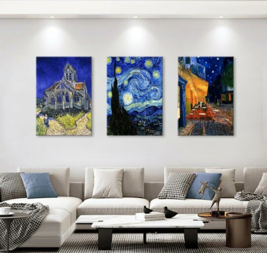 Stylish living room featuring Van Gogh canvas wall art.