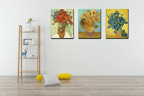 Modern living room with three floral paintings and a wooden shelf.