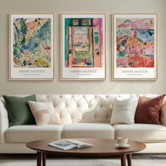 Living room with Matisse art prints above a sofa.