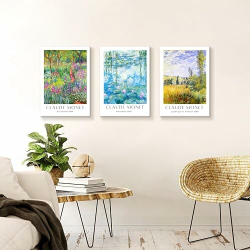 Room with three Claude Monet art prints and a wicker chair.