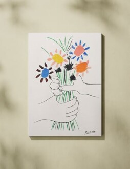 Artistic drawing of hands holding colorful flowers