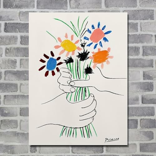 Abstract painting of hands holding colorful flowers by Picasso on a brick wall.