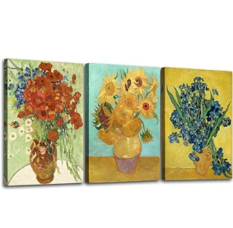 Three Van Gogh floral paintings featuring poppies, sunflowers, and irises.
