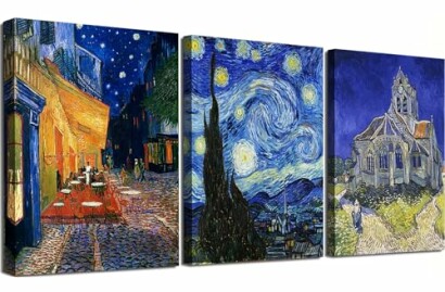 Triptych of Vincent van Gogh paintings: Cafe Terrace at Night, Starry Night, and The Church at Auvers.